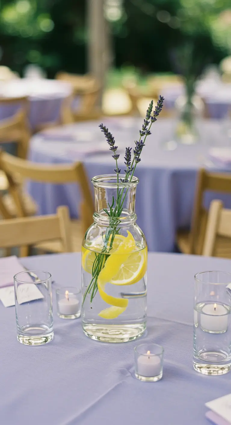 Carafe en verre avec de l'eau, du citron et de la lavande sur une nappe mauve.