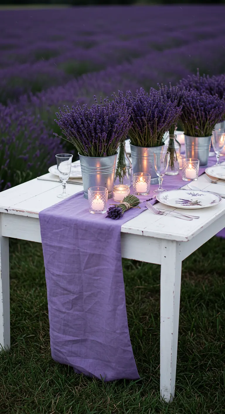 Table blanche dans un champ de lavande, chemin de table violet, bouquets et bougies.