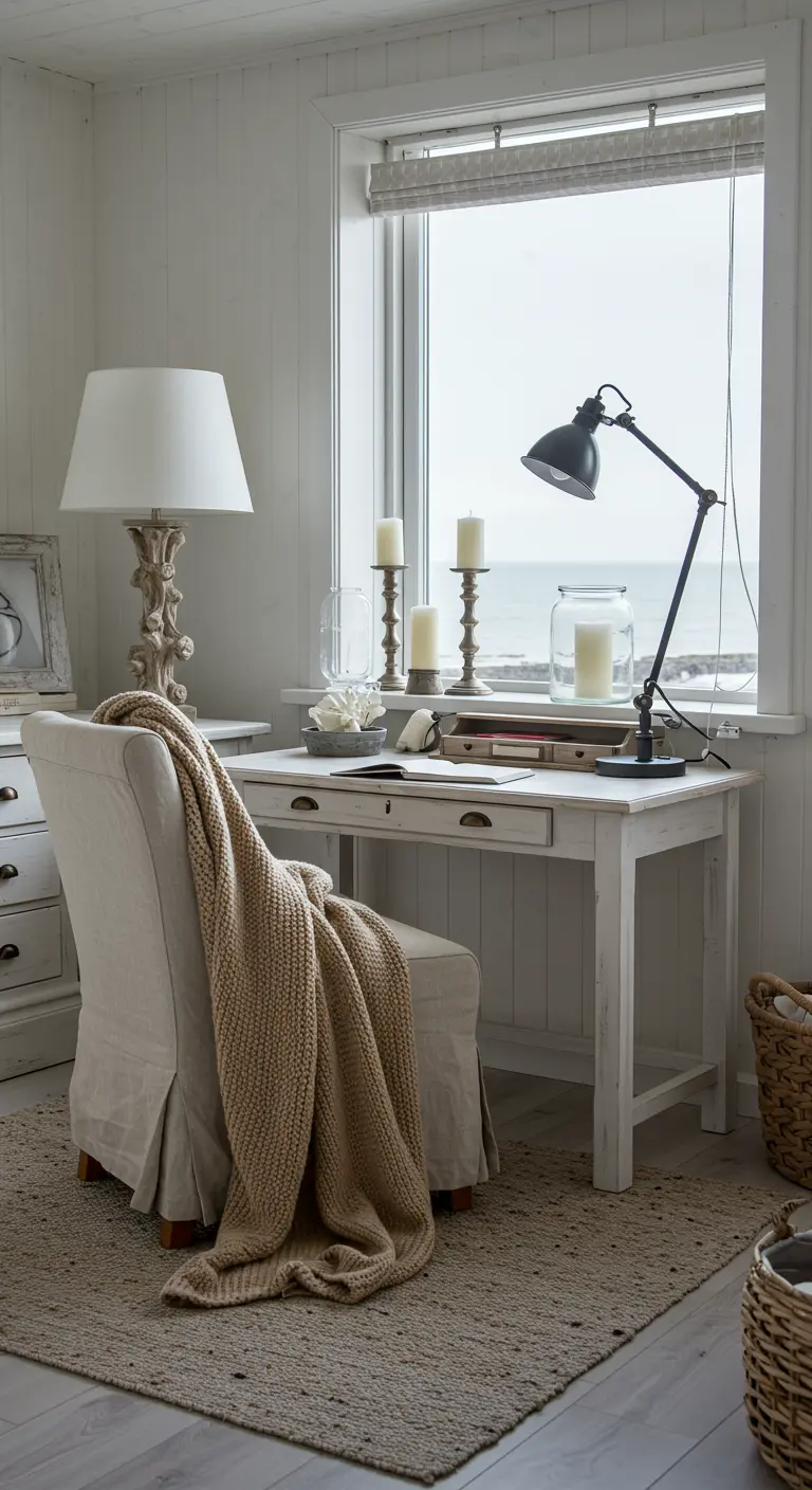 Bureau blanc face à la mer, avec une chaise en lin recouverte d'un plaid beige et des bougies.