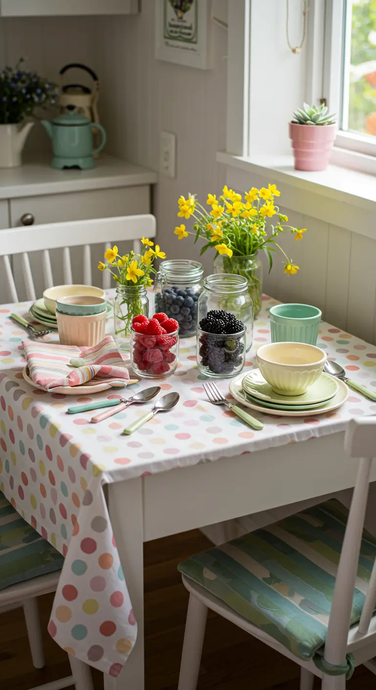 Petite table avec nappe à pois pastel et bocaux de fruits rouges frais.