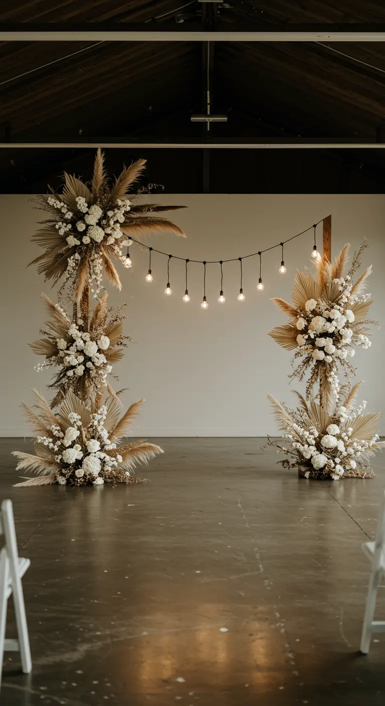 Arche de mariage asymétrique avec pampas, palmes séchées et fleurs blanches.