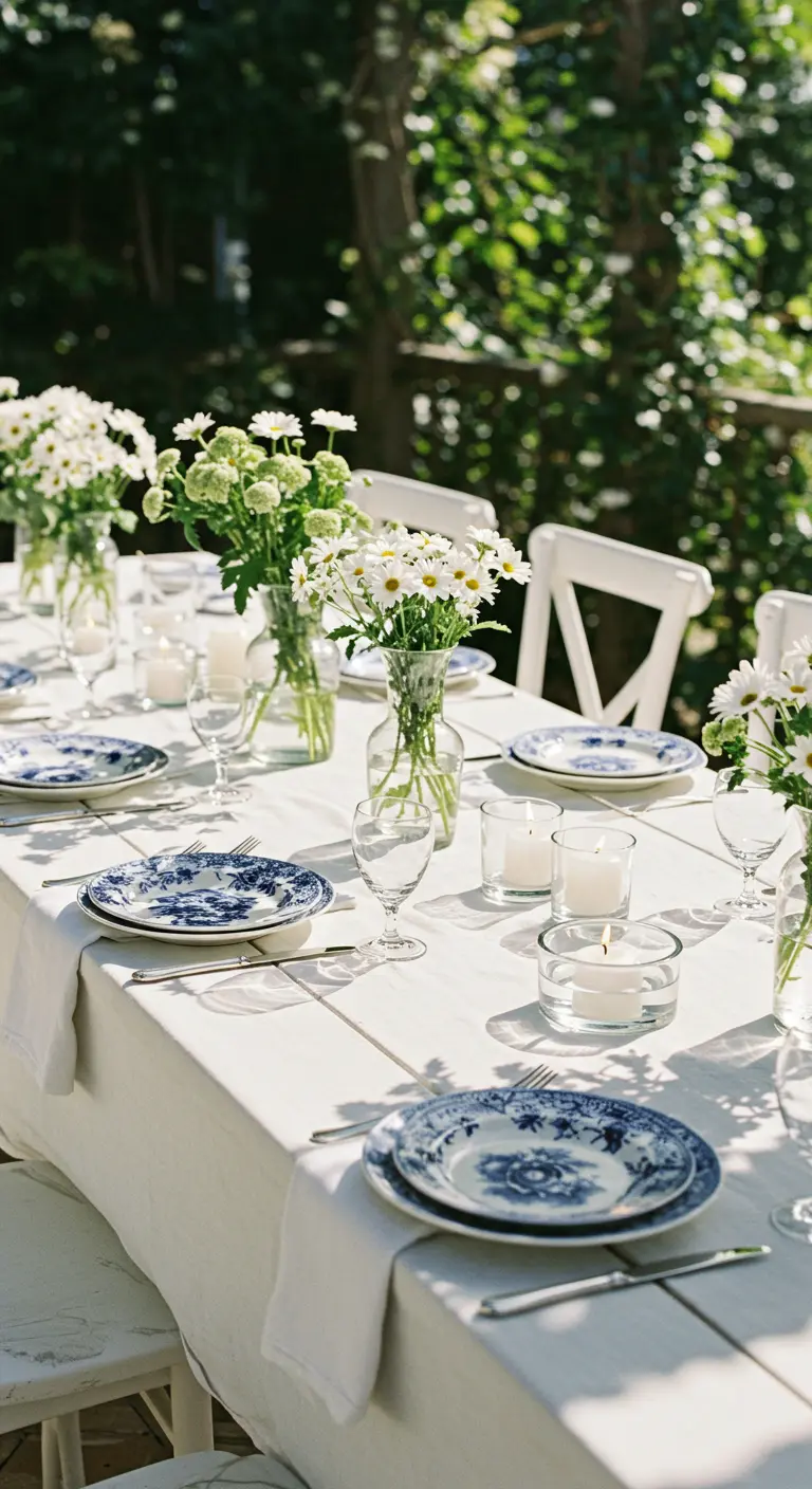 Longue table blanche, vaisselle bleue et blanche, bouquets de marguerites, bougies flottantes.