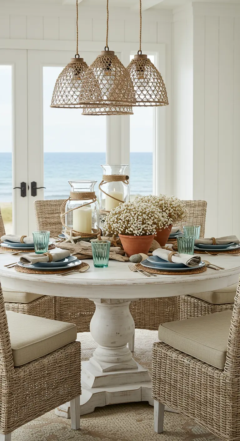 Table ronde blanche avec chaises en rotin, photophores en verre, gypsophile et assiettes bleues, face à la mer.