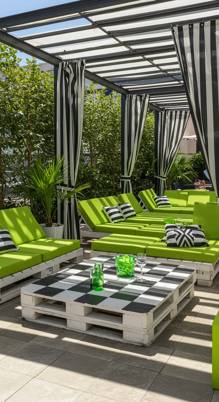 Salon de jardin blanchi en palettes, décor marin, rideaux blancs face à la mer.