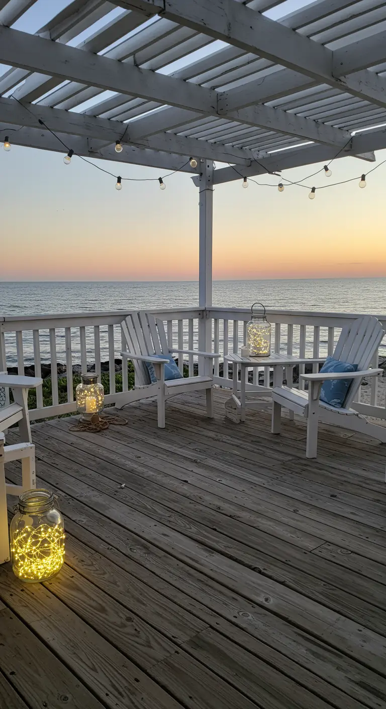 Terrasse en bois face à la mer au coucher du soleil, guirlande sur pergola, bocaux lumineux, chaises Adirondack blanches.