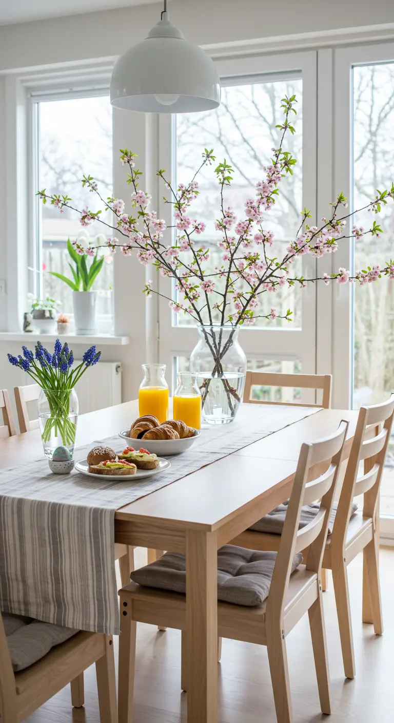 Chemin de table rayé gris et blanc, branches de cerisier en fleurs, petit-déjeuner printanier.