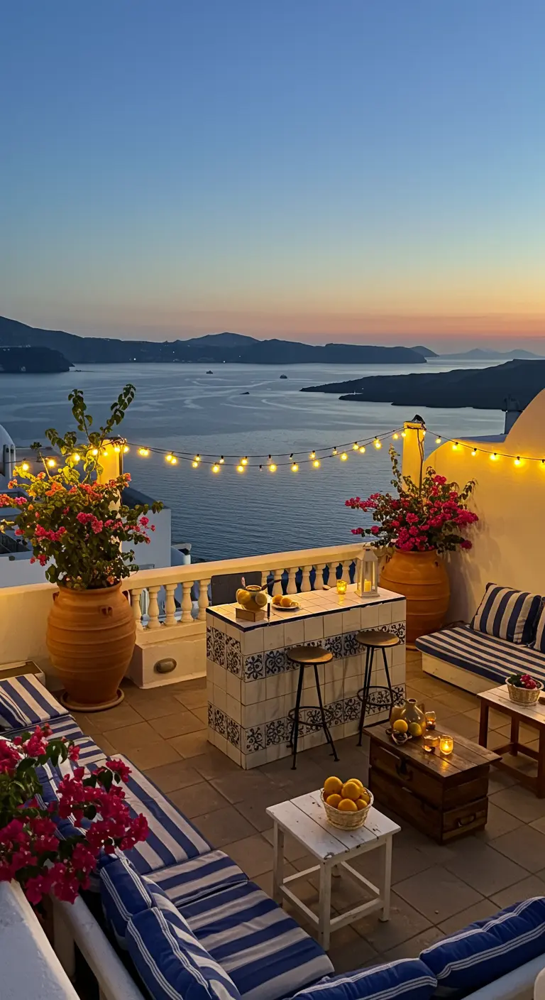 Rooftop méditerranéen avec murs blancs, coussins rayés bleus, guirlandes lumineuses et vue sur la mer.