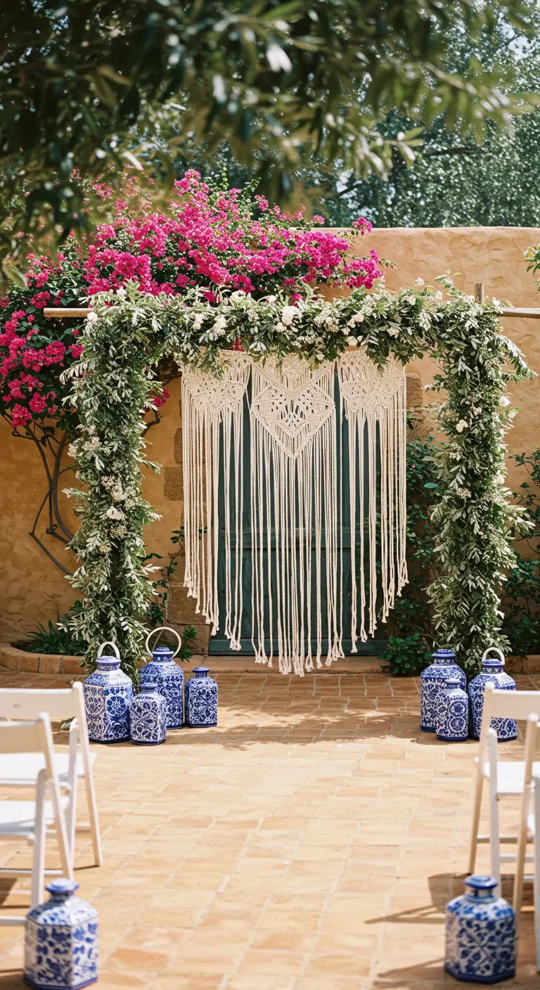 Arche en bois sur une terrasse avec du jasmin et des lanternes en porcelaine bleue.
