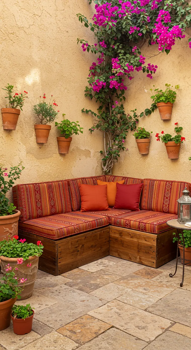 Banquette en bois avec coussins rouges et orangers sur patio méditerranéen avec bougainvillier.