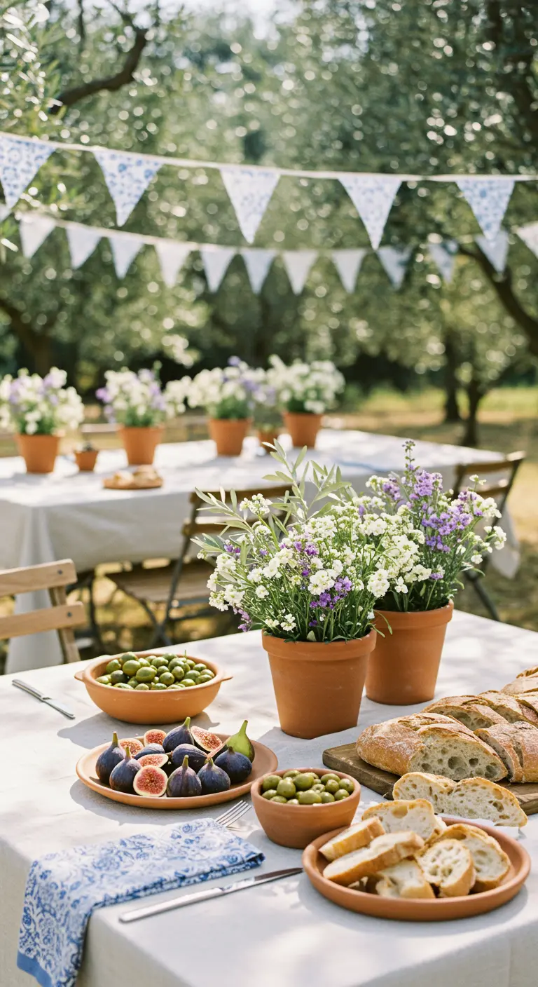 Table méditerranéenne sous des oliviers avec figues, olives, pain, plantes en pots et guirlande de fanions bleus et blancs.