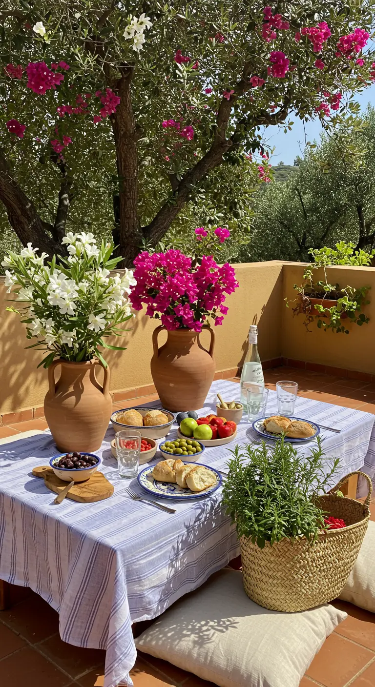 Pique-nique méditerranéen sur une terrasse avec nappe à carreaux bleus, bougainvilliers, olives et romarin.