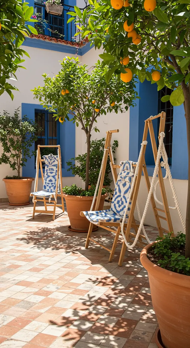 Deux chaises pliantes en bois clair et tissu bleu à motifs sous des orangers en pots sur un patio carrelé.