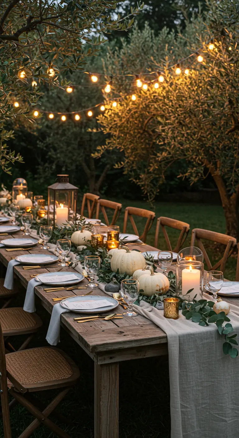 Table extérieure sous des oliviers avec chemin de table blanc, citrouilles blanches, lanternes, guirlande d'eucalyptus.