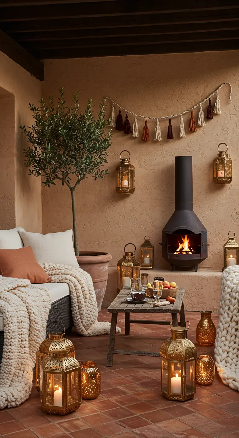 Terrasse de style méditerranéen avec poêle, canapé blanc et nombreuses lanternes dorées.