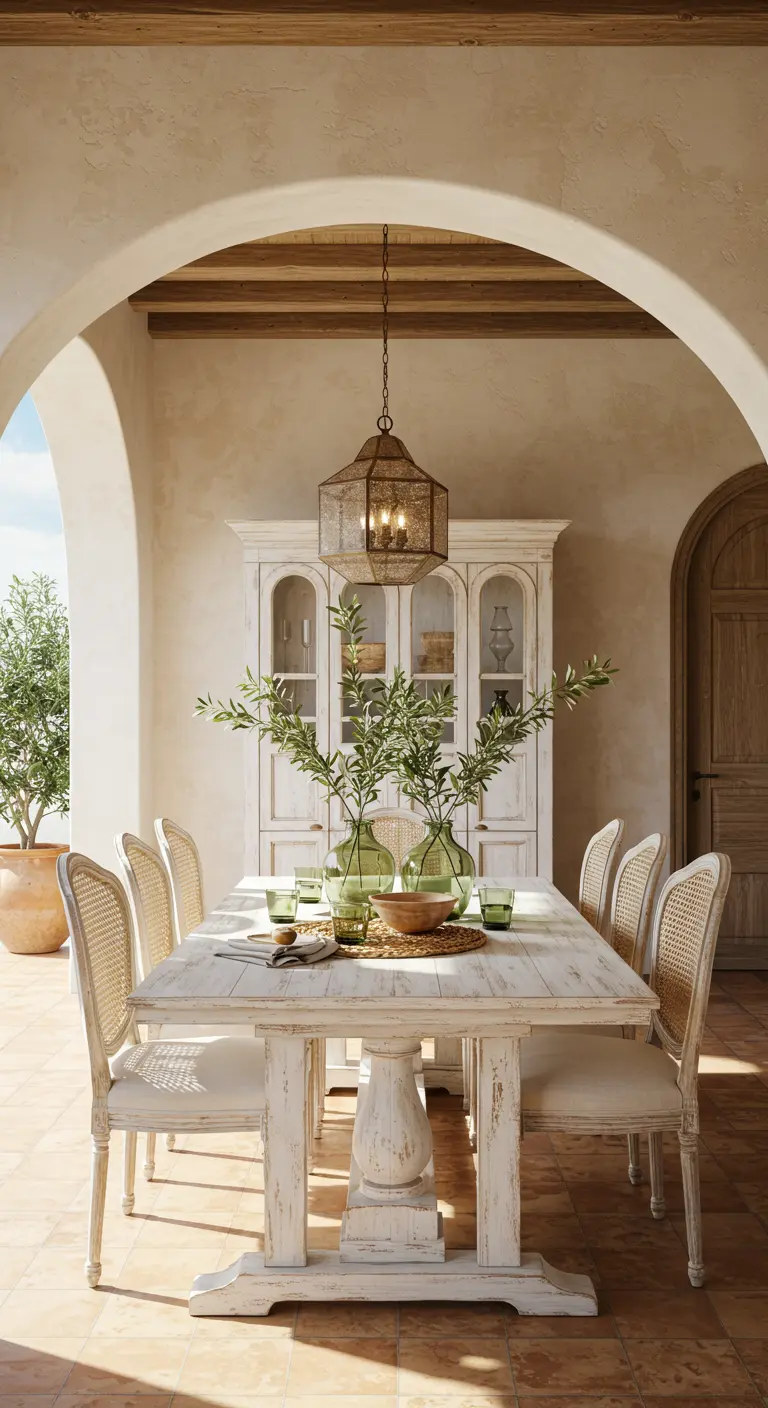 Salle à manger méditerranéenne avec table blanche, chaises en rotin et vases avec branches d'olivier