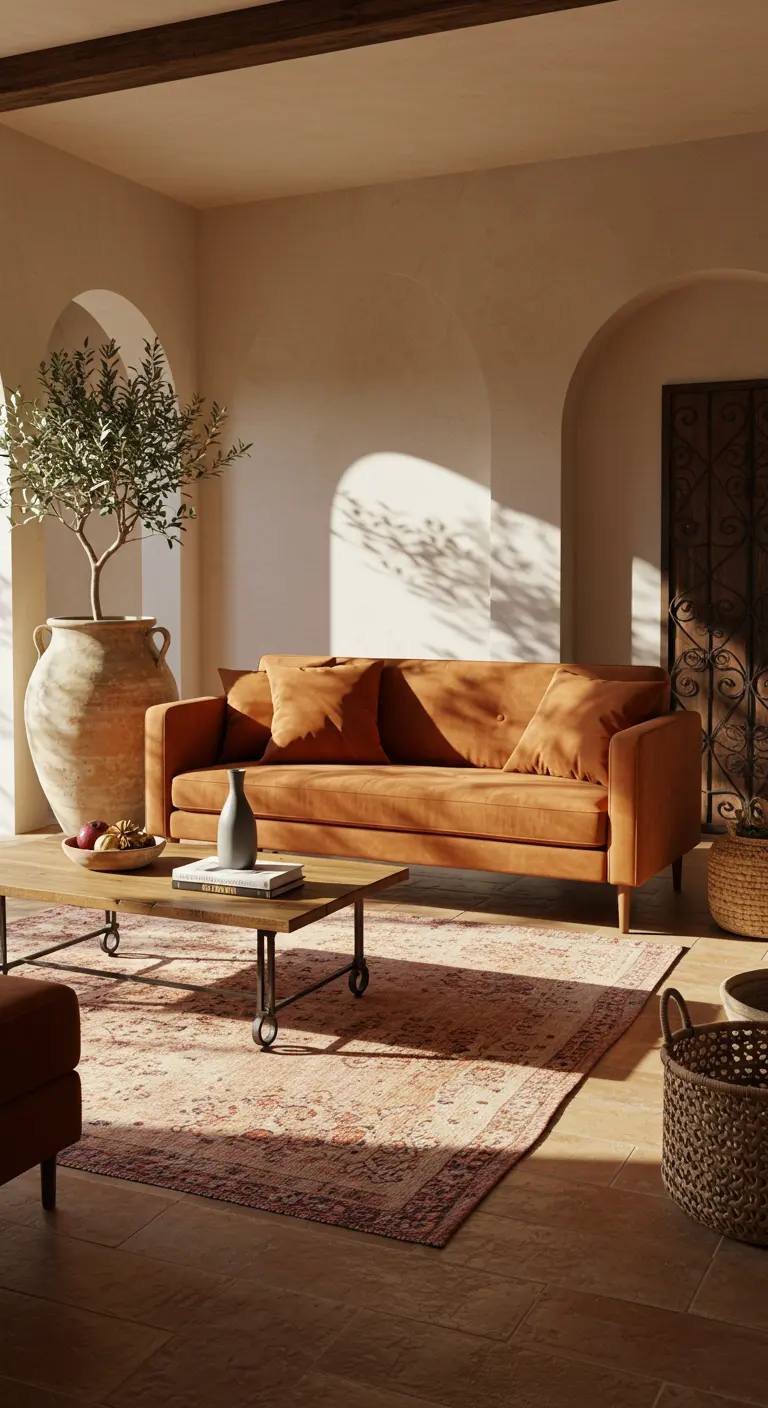Salon méditerranéen avec canapé en velours ocre, arches, tapis clair, olivier en pot et lumière du soleil.