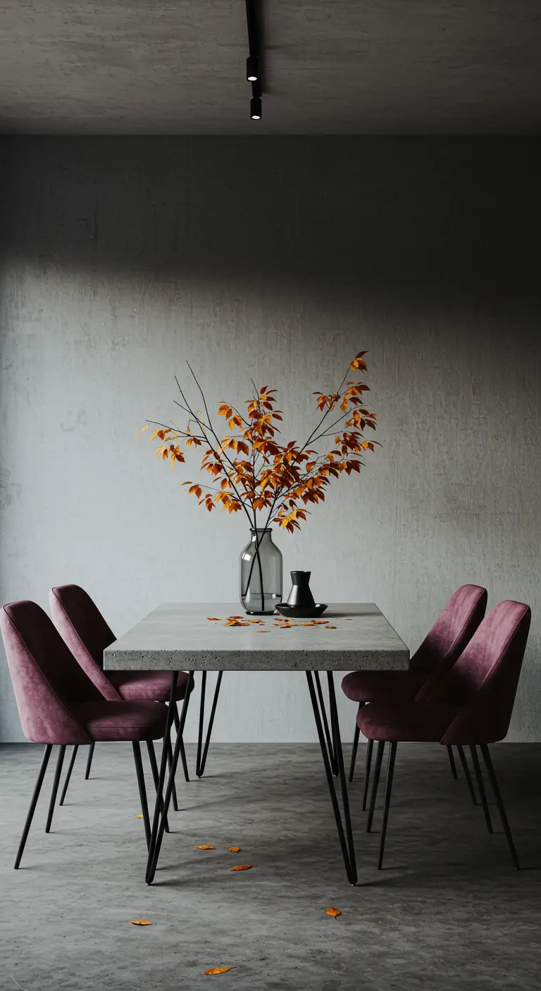 Table de salle à manger en béton entourée de chaises en velours rose poudré.