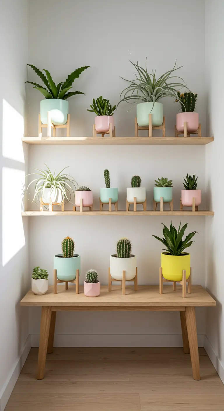 Étagères murales avec de petits pots pastel (menthe, rose, jaune) sur pieds en bois, garnis de cactus et succulentes.