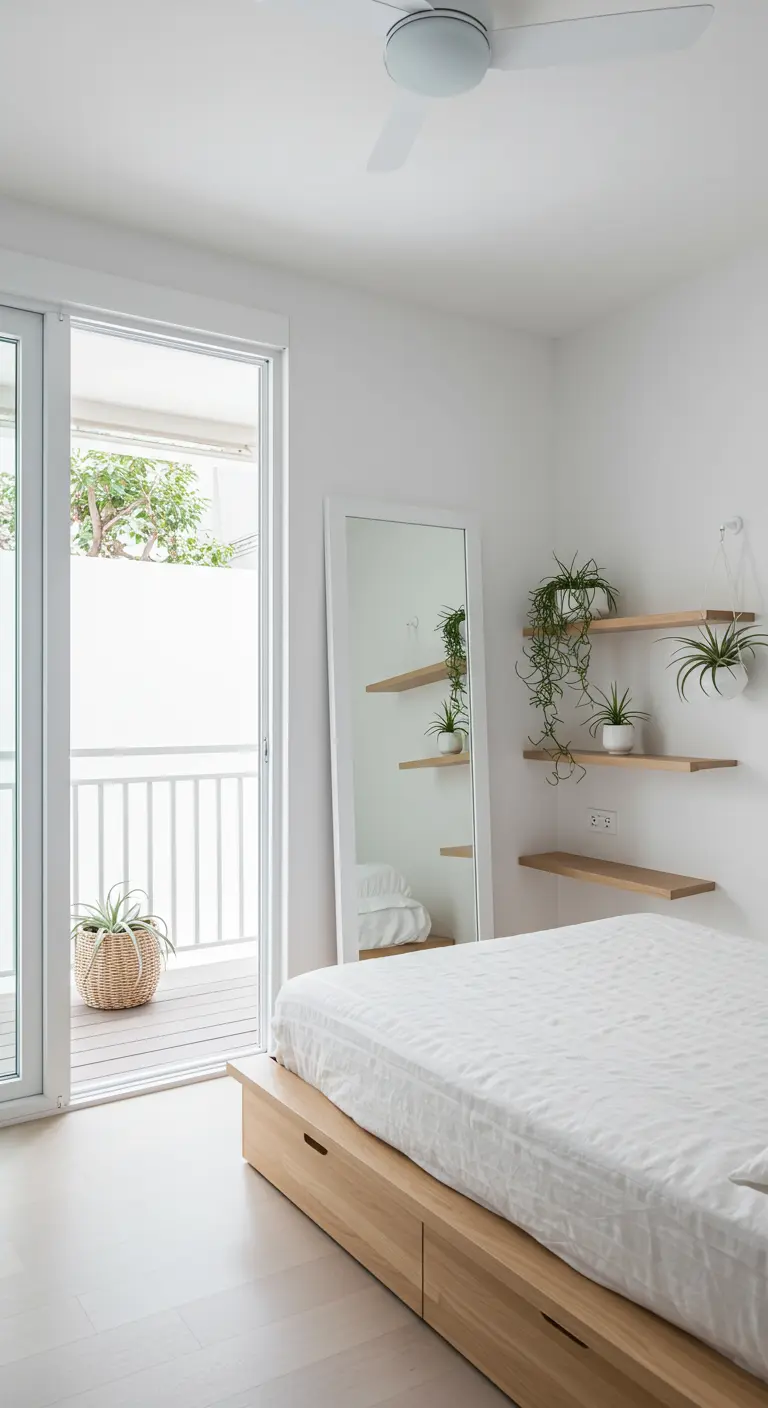 Chambre minimaliste avec lit plateforme, miroir sur pied, étagères flottantes et balcon.