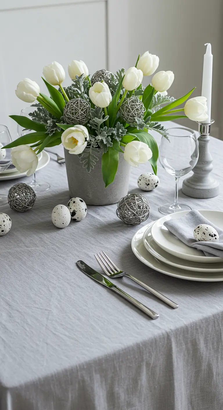 Table de Pâques monochrome grise et blanche avec un bouquet de tulipes blanches.