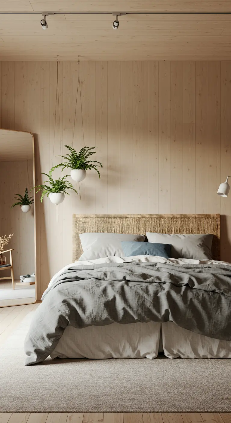 Chambre naturelle avec lambris bois clair, tête de lit tressée, miroir sur pied et fougères suspendues.