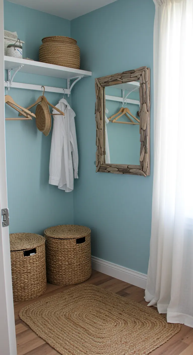 Dressing bleu clair avec miroir en bois flotté, paniers tressés et tapis en jute.