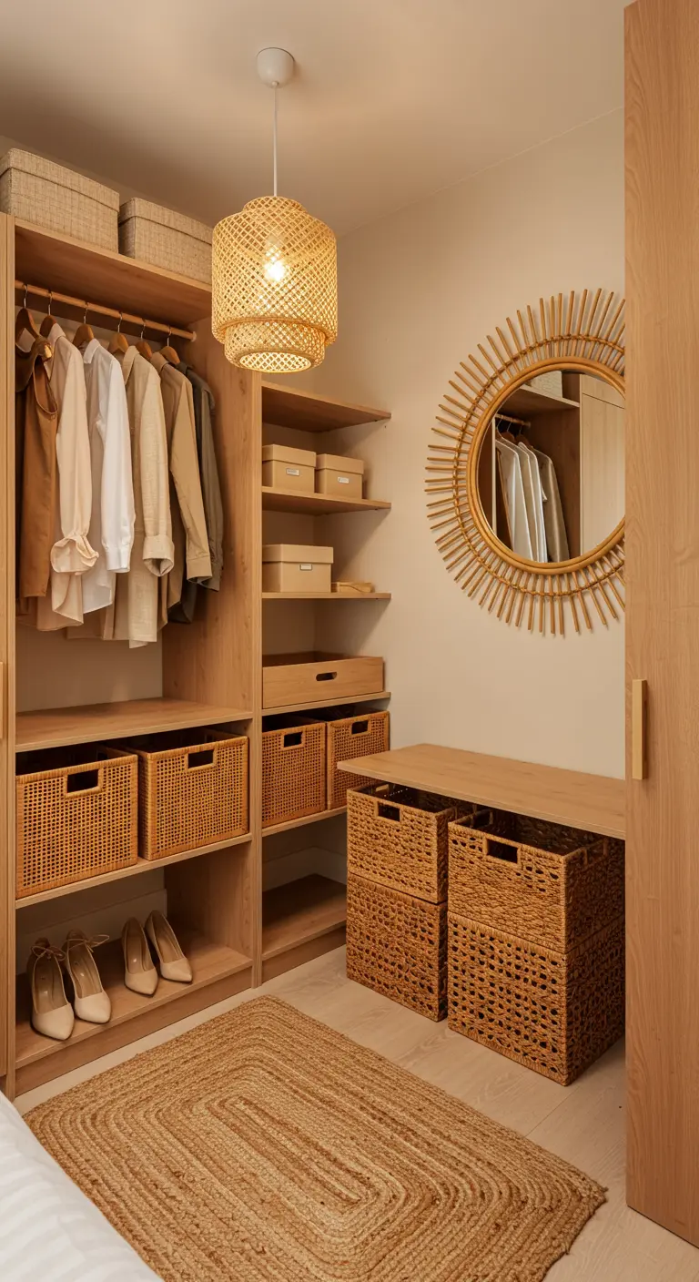 Dressing bois clair avec paniers en osier, tapis en jute et miroir rotin.