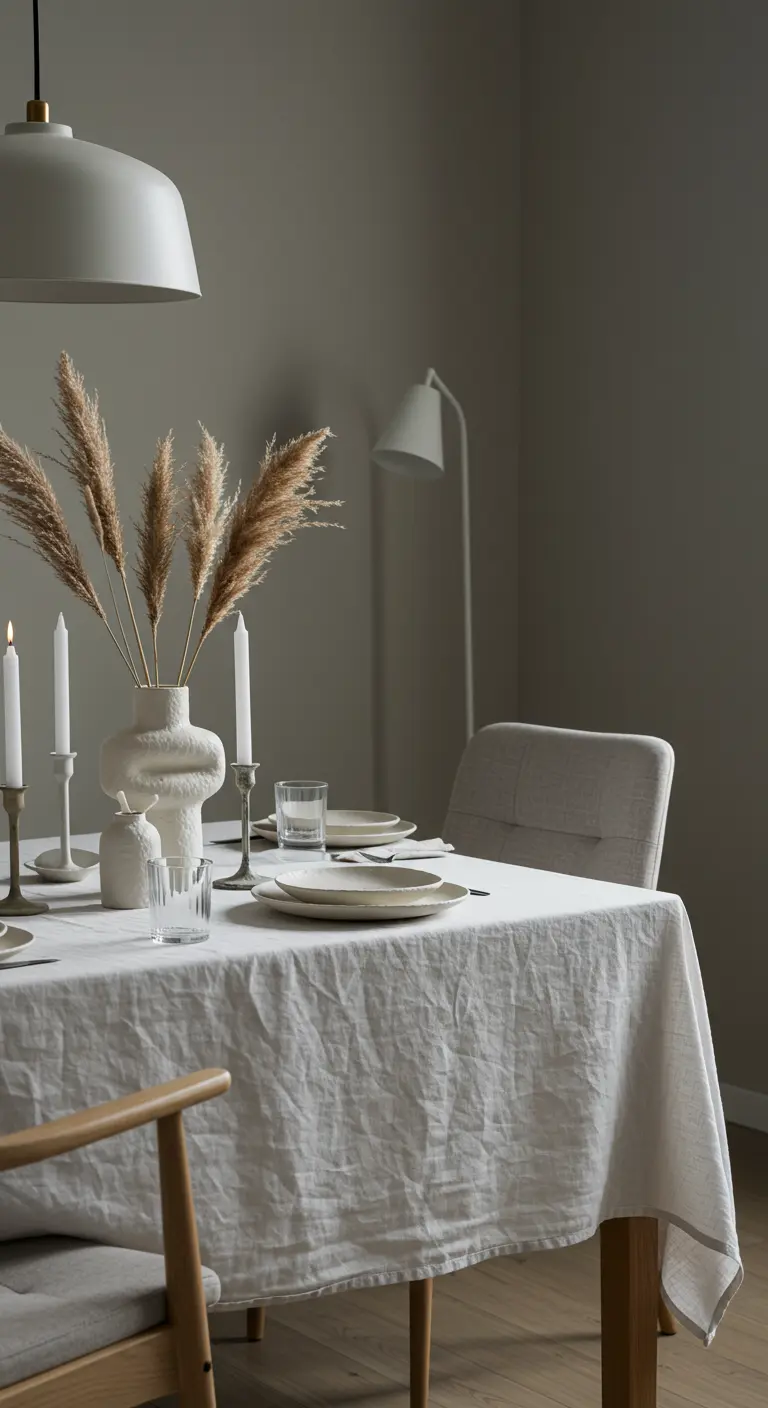 Table minimaliste avec un bouquet d'herbes de la pampa dans un vase blanc, des bougies et une nappe en lin.