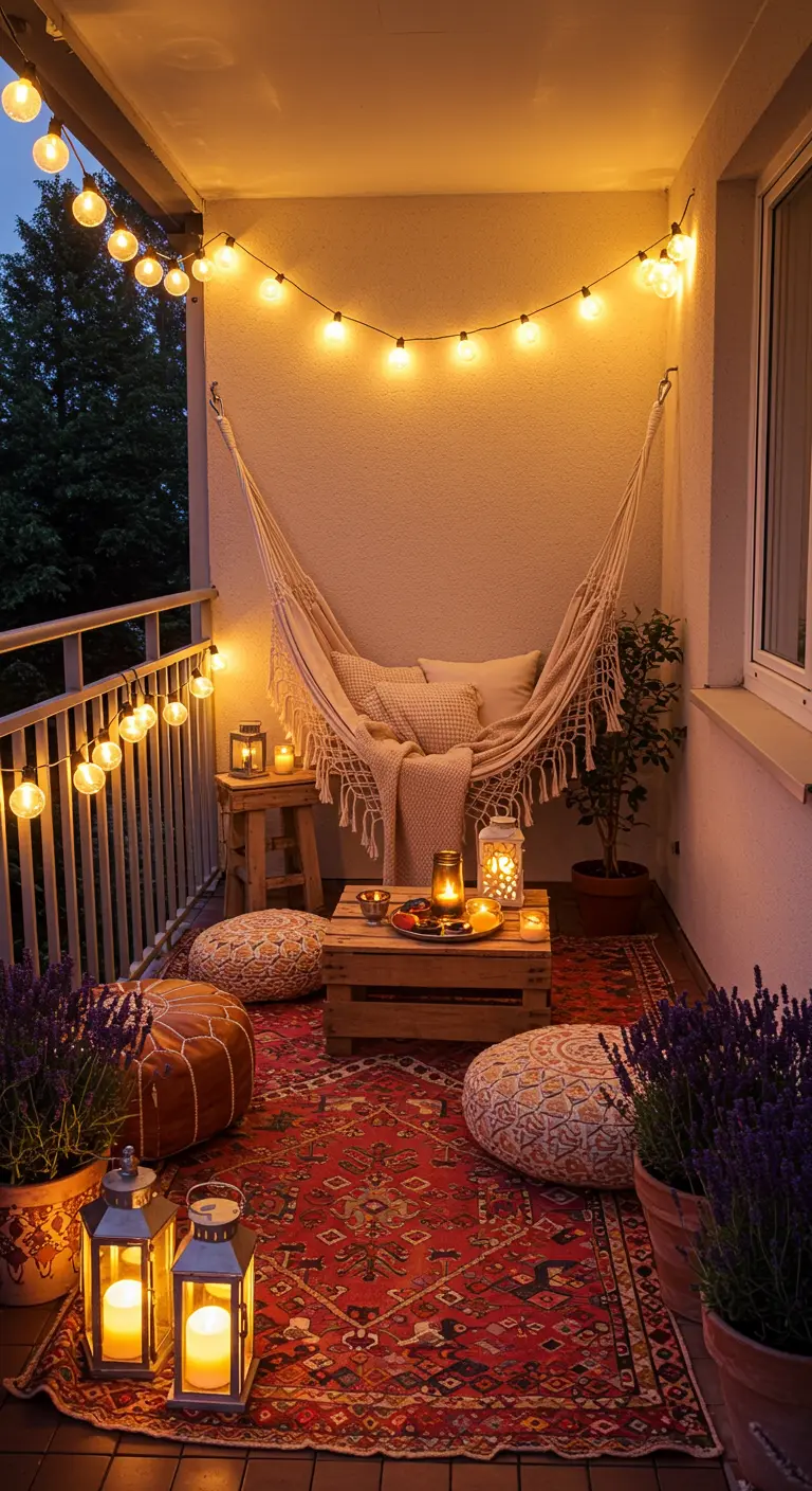 Balcon intime avec hamac, tapis ethnique, bougies lanternes et guirlandes lumineuses.