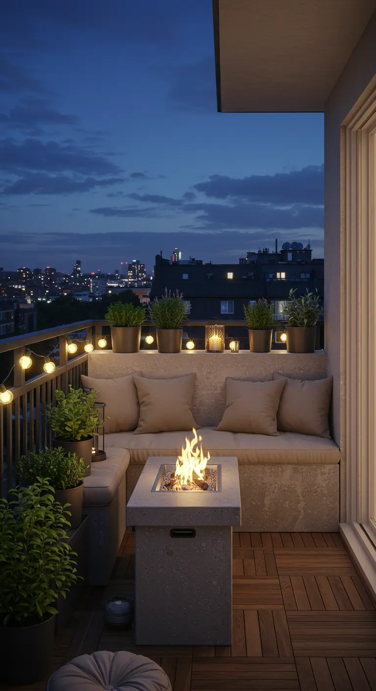 Balcon urbain avec banquette intégrée, coussins beiges, petit foyer à gaz, guirlandes lumineuses et plantes en pots.