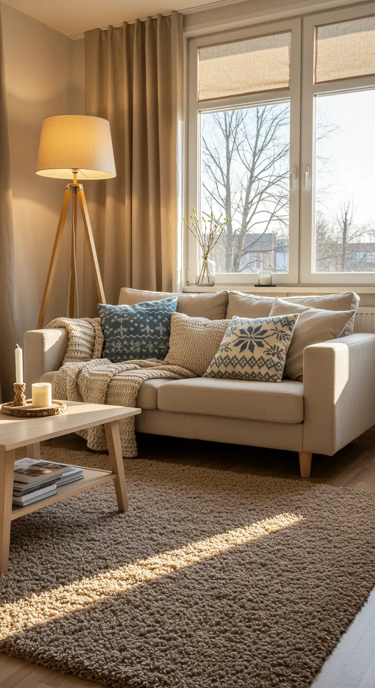 Petit salon nordique avec canapé beige, tapis à poils longs, coussins à motifs hivernaux et lampe en bois.