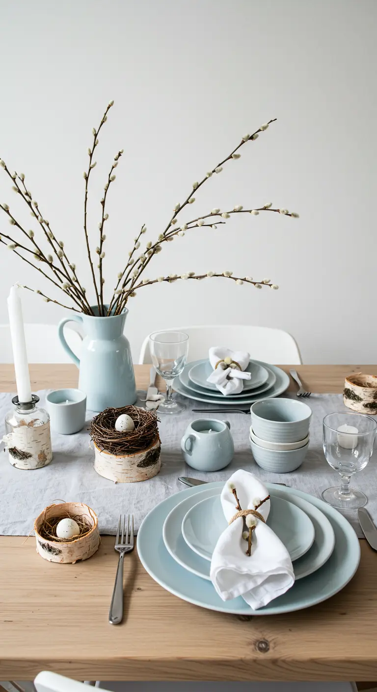 Table de Pâques scandinave avec vaisselle bleu pastel et détails en bois.