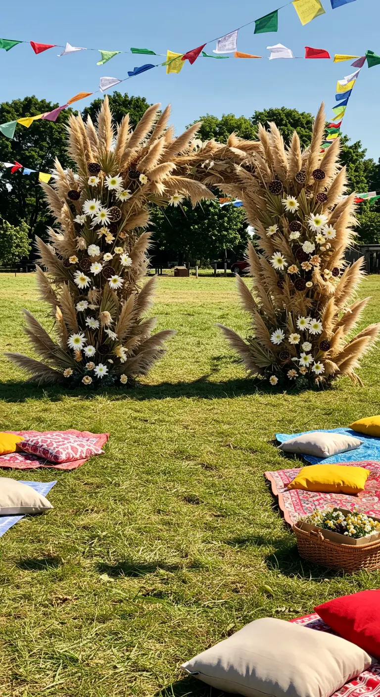 Arche massive en herbe de la pampa avec petites fleurs, sur un tapis d'herbe avec coussins colorés.