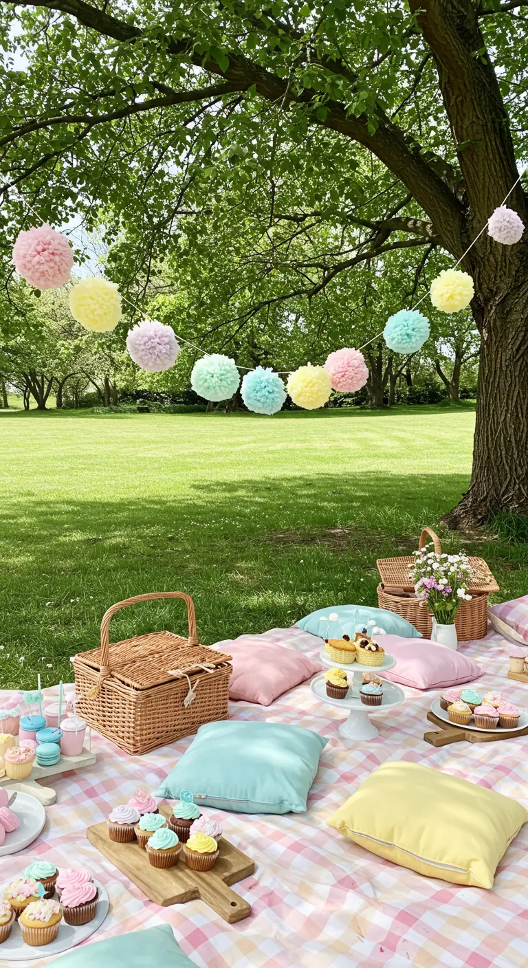 Guirlande de pompons pastel suspendue au-dessus d'un pique-nique printanier en extérieur.