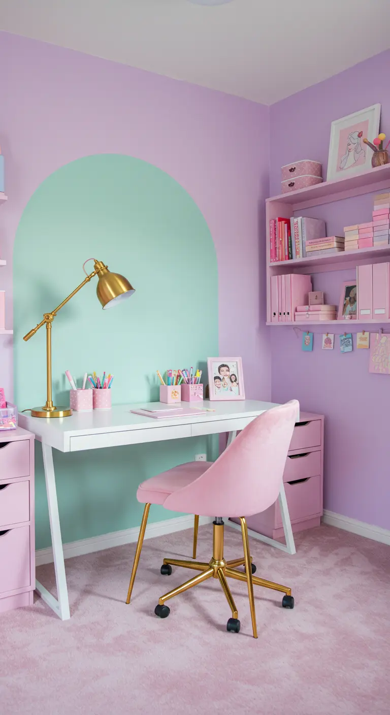 Bureau blanc et rose avec une arche vert menthe peinte sur un mur lavande.