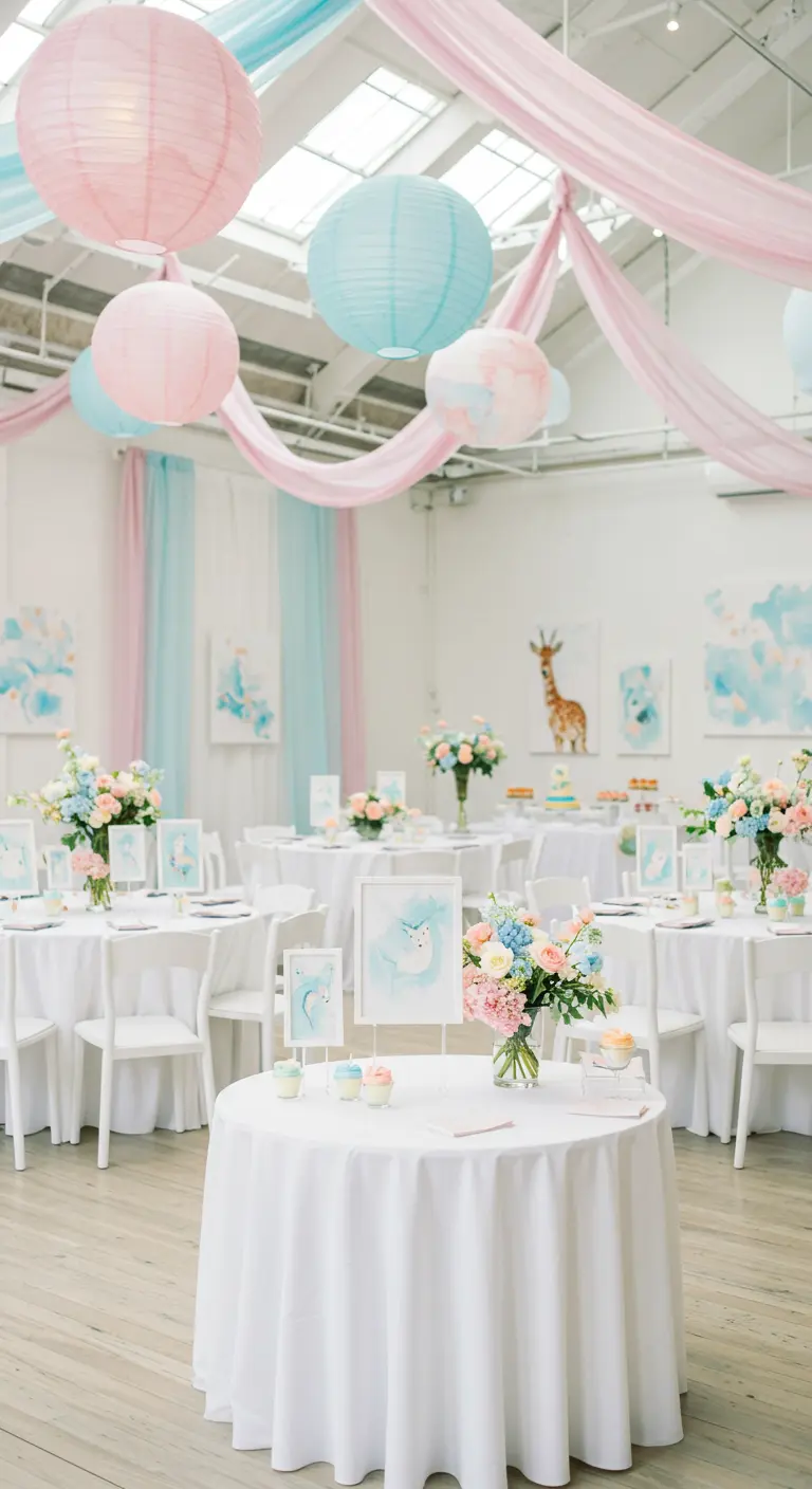 Salle de réception décorée de lampions pastel, voilages, bouquets de fleurs et cadres mignons.
