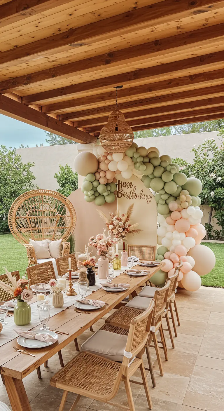 Table d'anniversaire en extérieur avec arche de ballons pastel et chaise en rotin.