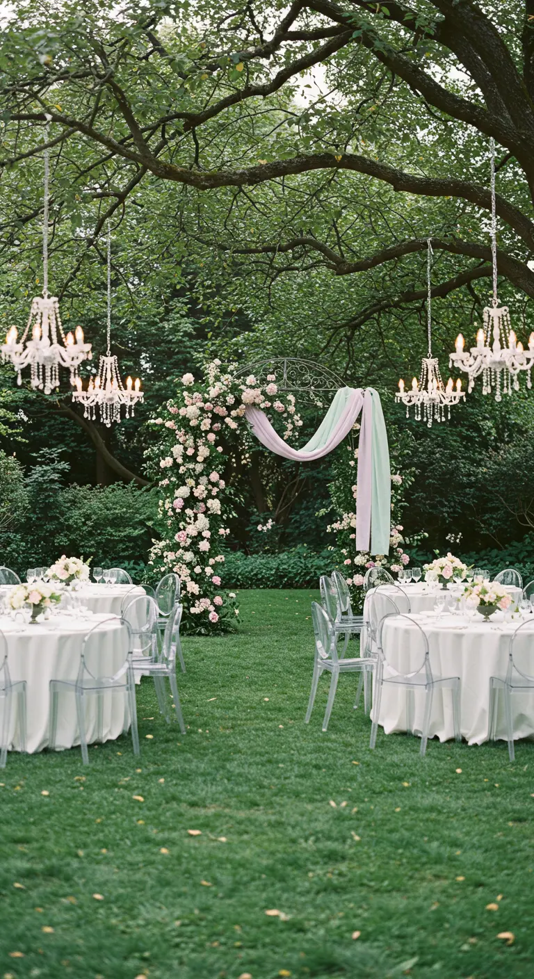 Arche de mariage dans un jardin avec tissus rose et vert menthe, roses blanches et lustres.