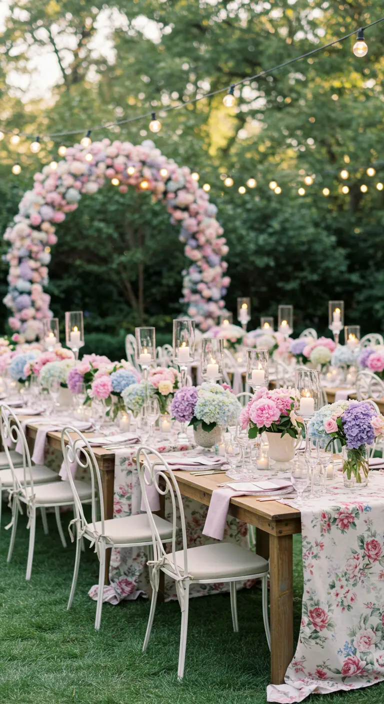 Table de réception en extérieur avec arche florale pastel, chandeliers et guirlandes lumineuses.