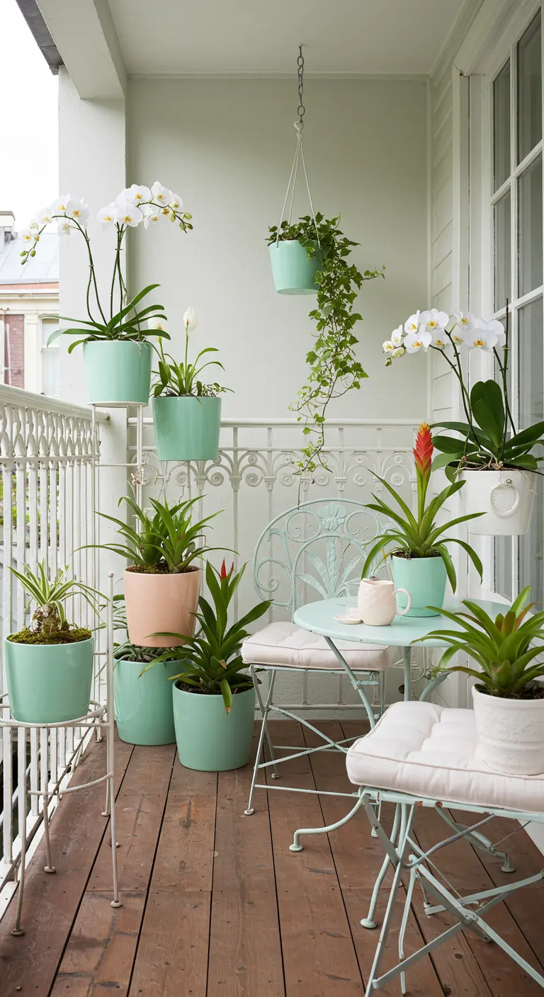 Balcon aménagé avec des pots pastel (vert menthe, pêche) contenant des orchidées, des bromélias et du lierre.