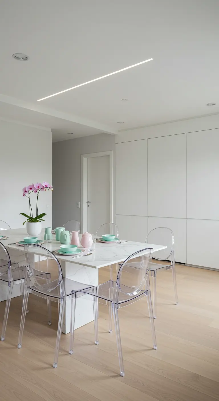Salle à manger minimaliste avec table en marbre, chaises transparentes et vaisselle pastel.