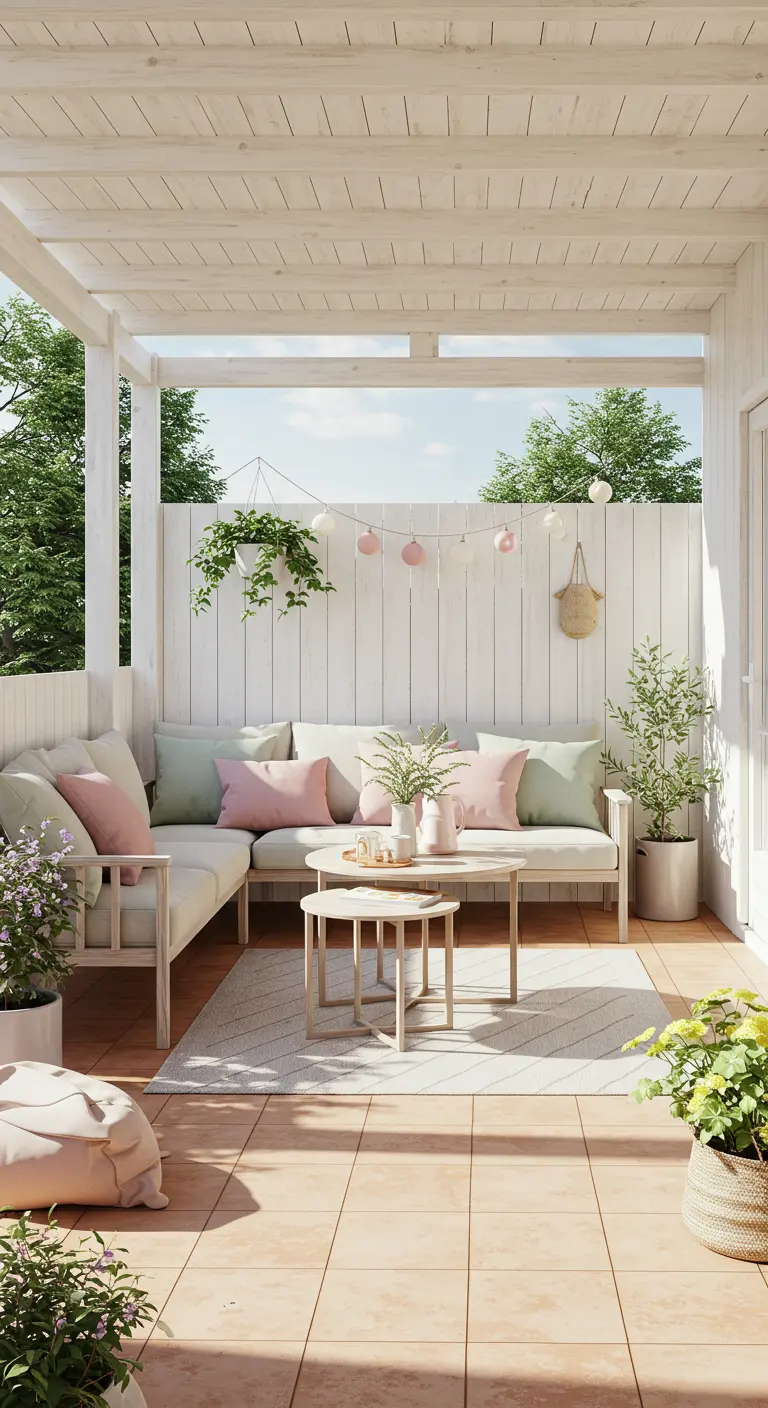 Pergola blanche avec un canapé d'angle, des coussins pastel et des lampions.