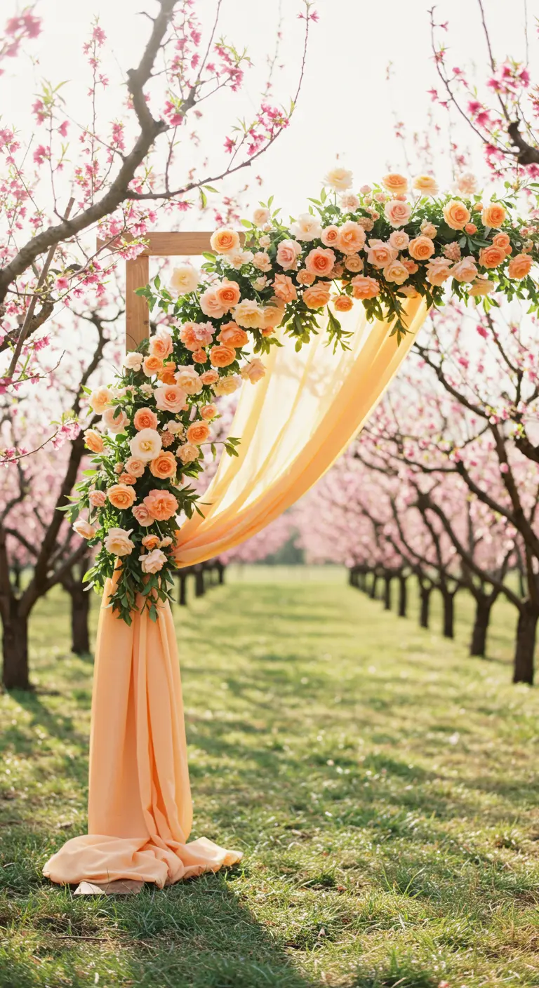 Arche de mariage avec des roses pêche et un drapé assorti dans un verger.