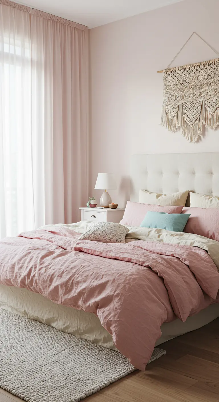 Chambre romantique rose poudré avec literie en lin, tapis texturé et petit macramé.