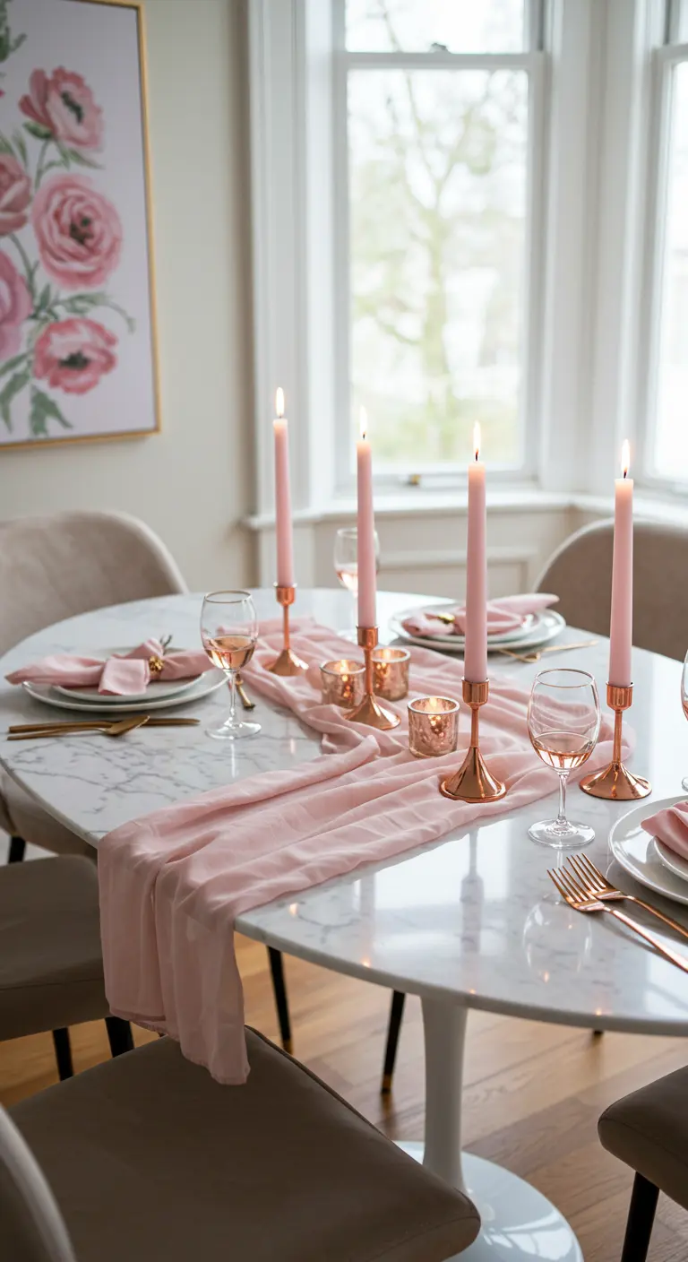 Table ovale en marbre, chemin de table rose, couverts or rose, bougies roses.