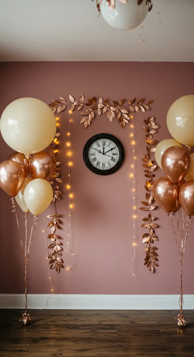 Horloge sur un mur rose, encadrée de guirlandes lumineuses et de ballons.