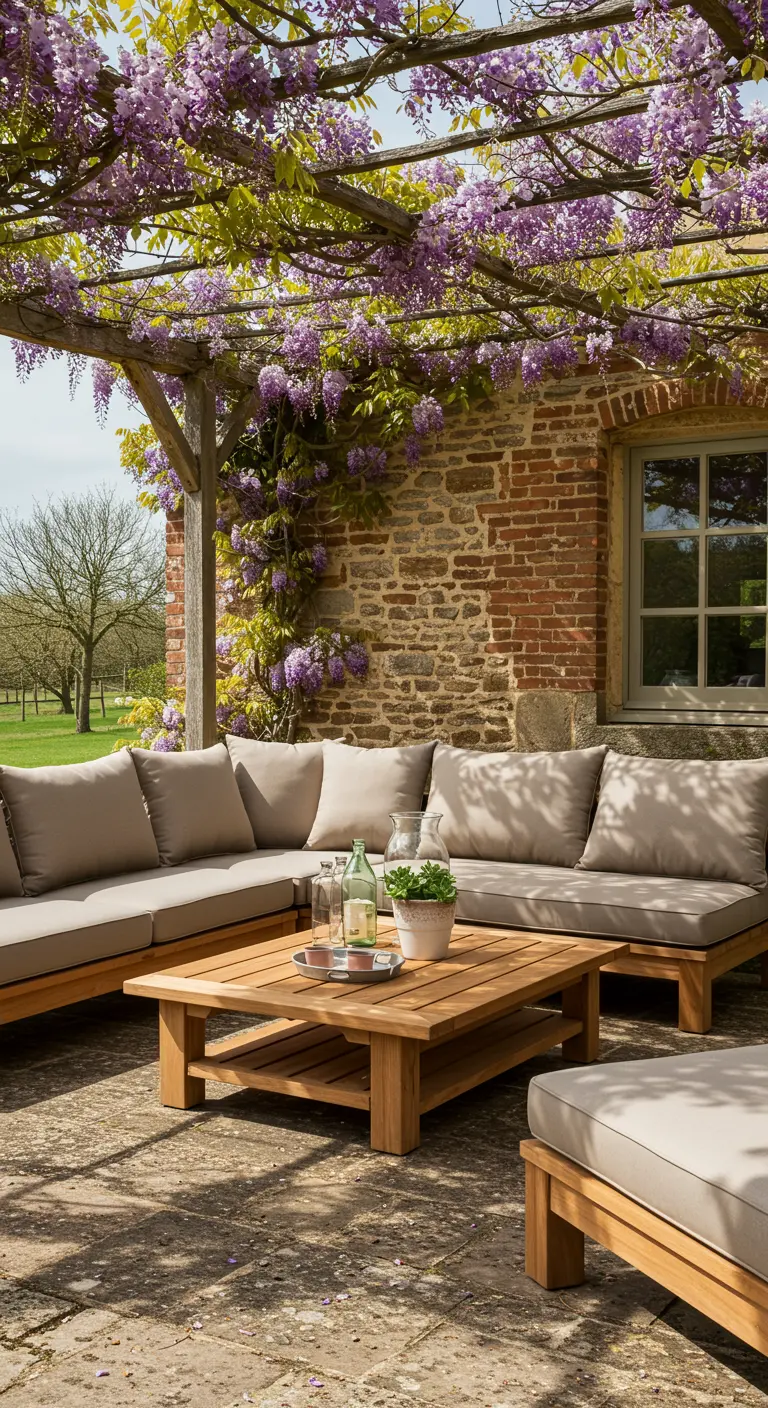 Salon de jardin en teck avec coussins beiges sous une pergola de glycine.
