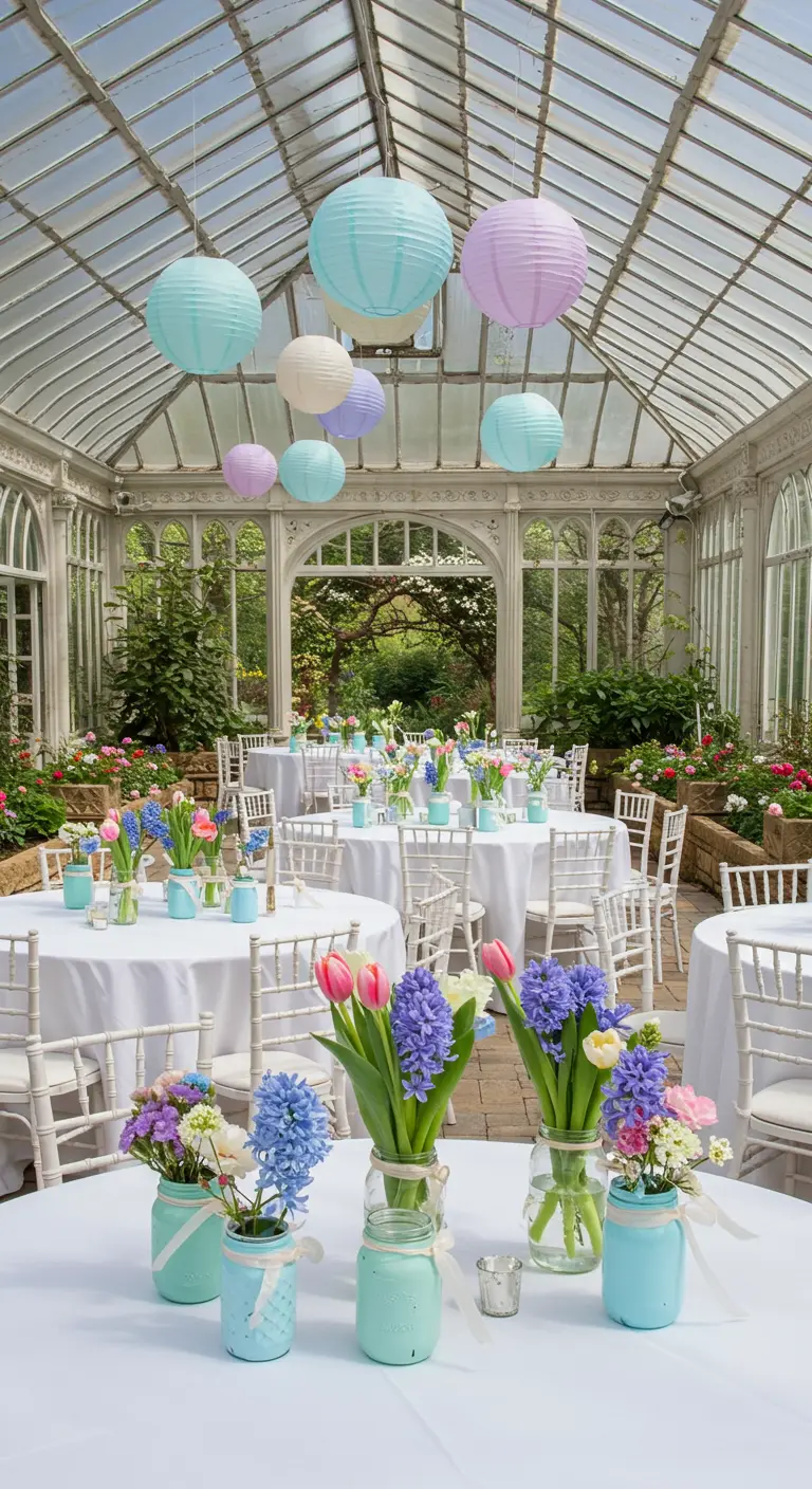 Intérieur de serre lumineux avec des tables décorées de bocaux pastel fleuris et lampions suspendus.