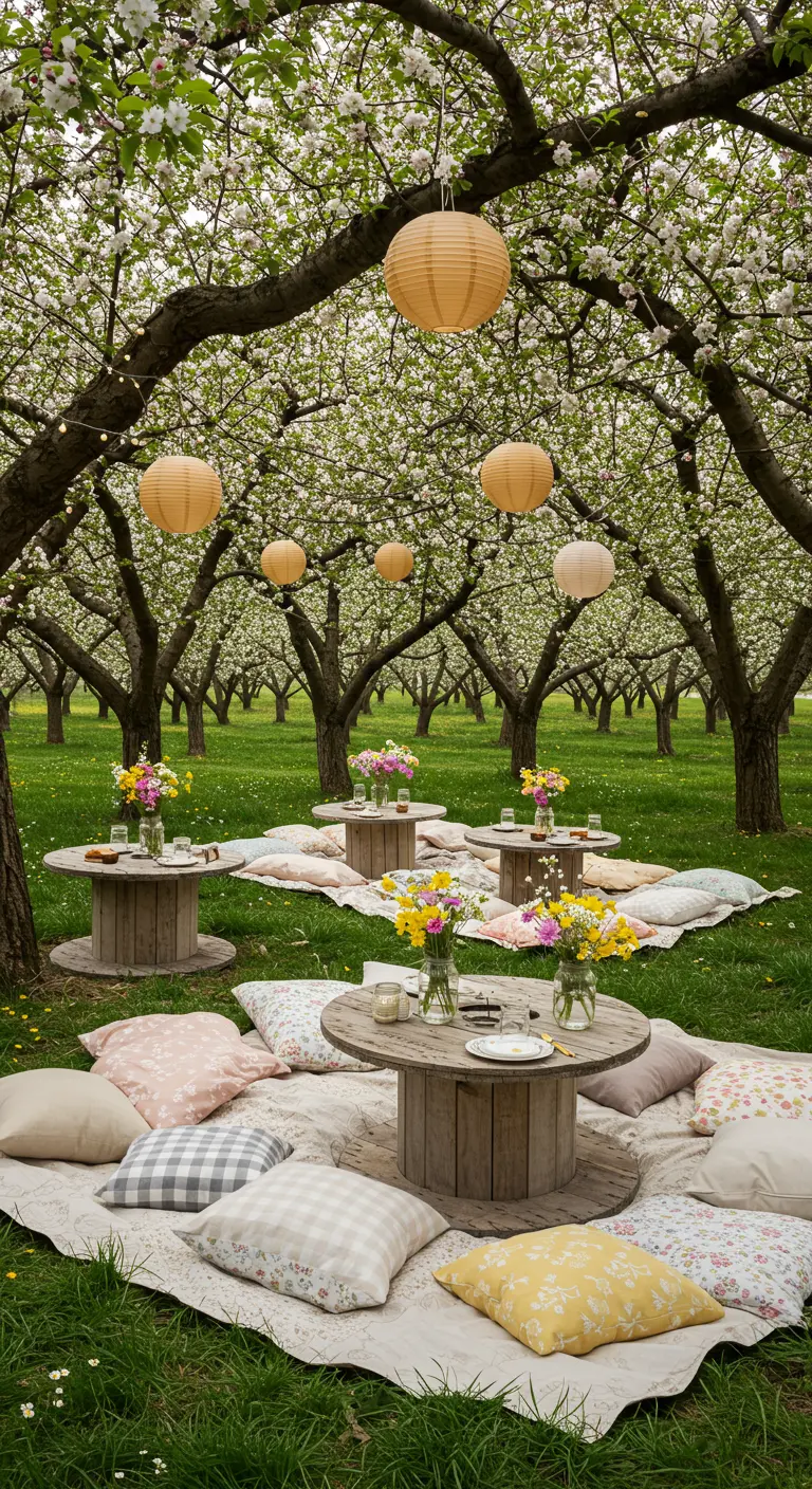 Pique-nique sous les arbres fleuris avec lampions et petites tables en bois.