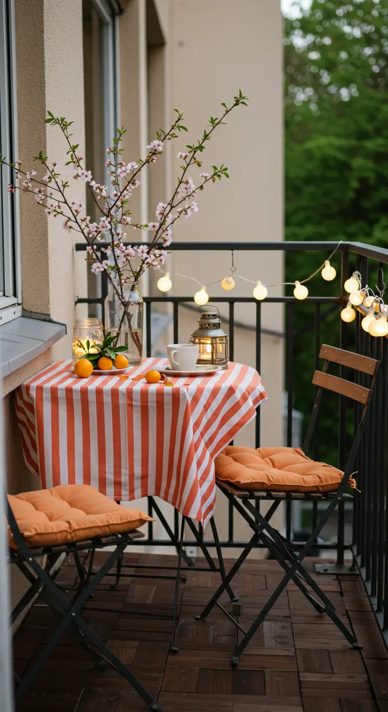 Petit balcon avec table bistrot rayée orange, branches fleuries, guirlande lumineuse et coussins.